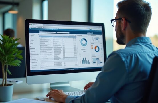 Procurement officer assesses supplier bids on modern tech procurement software. Person reviews contracts on computer screen. Data analysis in progress in contemporary office. Image shows business