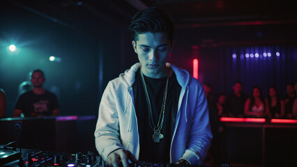 Fototapeta premium A handsome boy who DJs in a nightclub. 