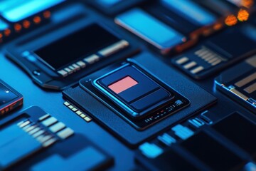 Close-up of a central processing unit (CPU) and other computer components on a circuit board, illuminated with blue light.