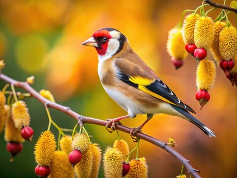European Goldfinch Feeding on Chenar Tree Seeds - Nature's Beauty in Fashion Photography