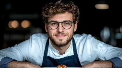 Smiling young Caucasian male chef showcasing his culinary creation with pride in a dimly lit kitchen.