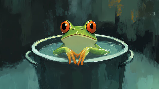 Aerial frog in pot of water oblivious to boiling danger. Oblivious. Illustration