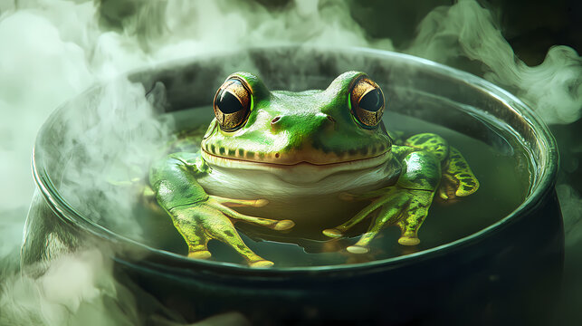 Aerial frog in pot of water oblivious to boiling danger. Oblivious. Illustration