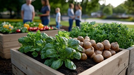 A family of diverse backgrounds enjoys gardening with vibrant vegetables and greenery in raised beds.
