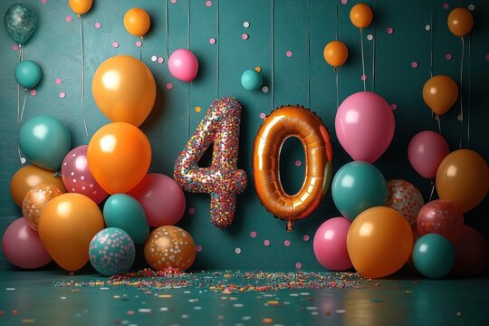 Colorful balloons and confetti decorate 40th birthday party. Number 40 balloons and many other colorful balloons are arranged on teal wall. Confetti is scattered on floor. Party atmosphere is evident.