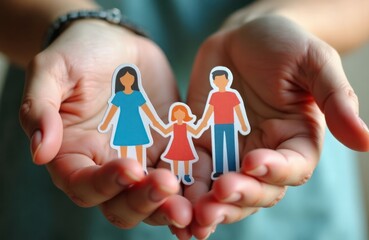 Hands hold paper cutouts of diverse family. Family members holding hands. Concept of care, inclusivity. Image represents support for family members including with disabilities. Family unity. Image
