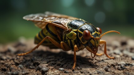 Close-up of a cicada on the ground.