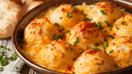 Fototapeta premium Baked cheesy potato puffs in a brown dish, garnished with chives.