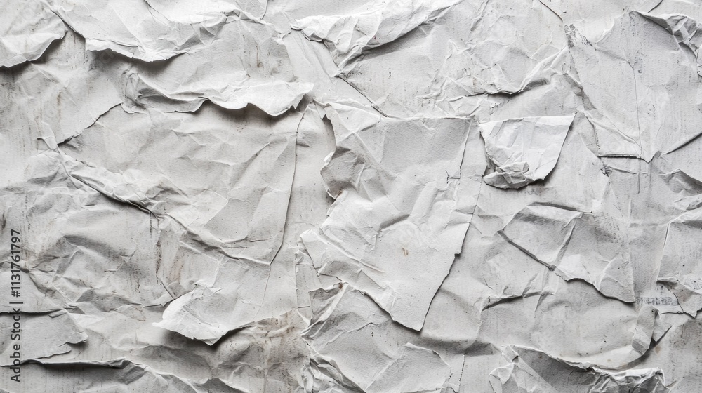 Poster crumpled white craft paper presents a unique texture filled with gentle folds and creases. its recyc