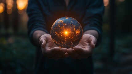Fototapeta premium Hands gently cradling a glowing digital earth globe