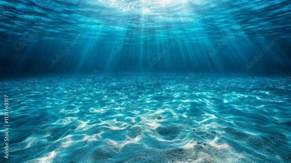 Poster clear blue ocean water reveals a beautiful sandy seabed where gentle waves caress the shore. sunligh