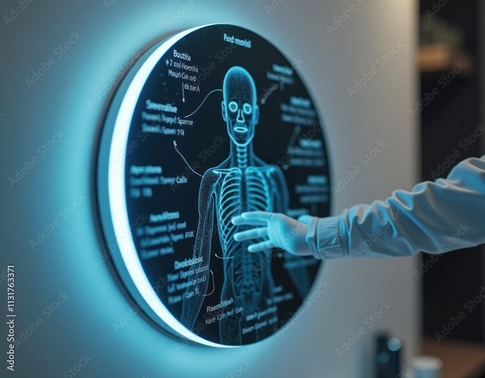 Poster Interactive smart mirror shows human anatomy data. Person uses touch to interact. Tech health display. Medical tech concept. Future health data visualization. Modern technology applied to health care.