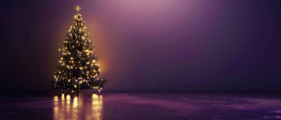 Christmas tree on a purple background with golden lights, copy space