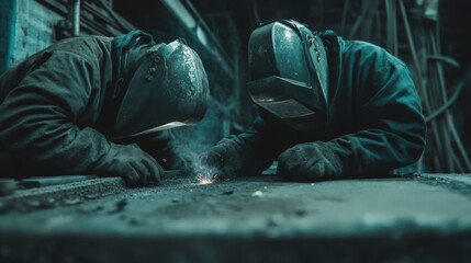 Two Welders Concentratedly Working on Metal in a Dark Industrial Setting, Sparks Flying, Intense Focus, Teamwork in Metal Fabrication