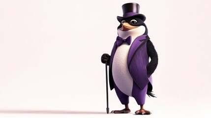 Fototapeta premium Dapper penguin in purple tuxedo, top hat, cane.