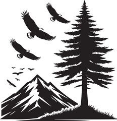 Obraz premium A solitary pine tree on a mountain peak with eagles soaring in the sky vector silhouette