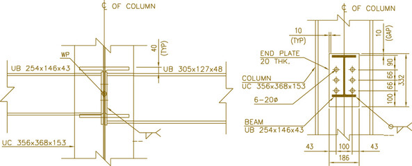 Vector sketch illustration, silhouette design, detailed drawing of Steel Fabrication connection construction