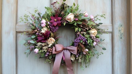A charming photo of a handmade wreath decorated with seasonal flowers and a customized ribbon, hanging on a front door 