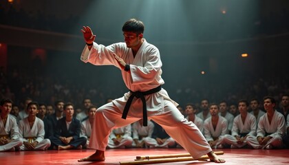 Fototapeta premium Karate competitor performs precise break. Audience watches in amazement. Martial arts demonstration in hall. Event filled with energy. Skillful movements. Concentrated athleticism. Crowd of