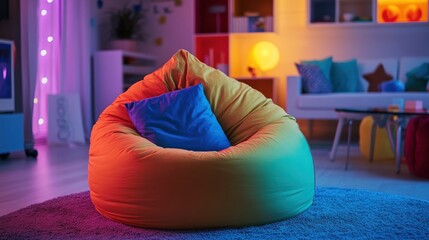 Obraz premium Colorful beanbag chair in a child's room at night.
