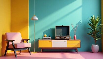 Colorful minimalist interior with retro style furniture. Pink armchair vintage style. Yellow, beige sideboard. Teal, yellow walls. Retro record player on sideboard. Plants, flowers in room. Interior