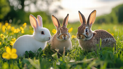 Obraz premium cute rabbits in the grass, a sunny day, a spring meadow, yellow flowers, green leaves