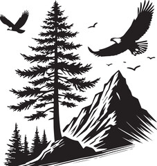 Obraz premium A solitary pine tree on a mountain peak with eagles soaring in the sky vector silhouette