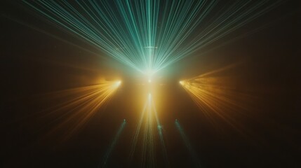 Obraz premium Abstract light beams converge in smoky dark background.