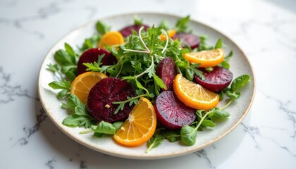 Vibrant beetroot, citrus salad on plate. Slices of beetroot, orange citrus fruits arranged on bed of fresh arugula, herbs. Healthy, colorful food. Perfect for light meal side dish. Great for