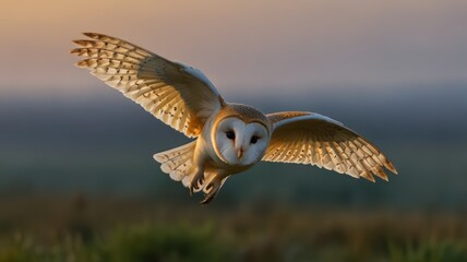 Fototapeta premium Barn owl in flight at sunrise.