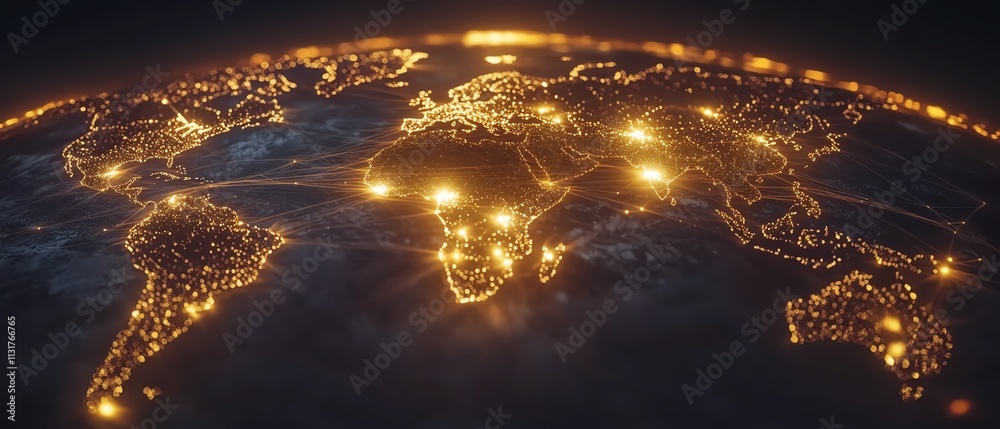 Poster 3d telecommunication world map concept with glowing digital dots and network lines on a pixelated ma