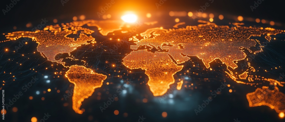 Poster 3d telecommunication world map concept with glowing digital dots and network lines on a pixelated ma