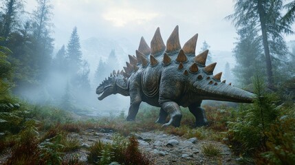 Fototapeta premium Prehistoric stegosaurus walking through a foggy forest.