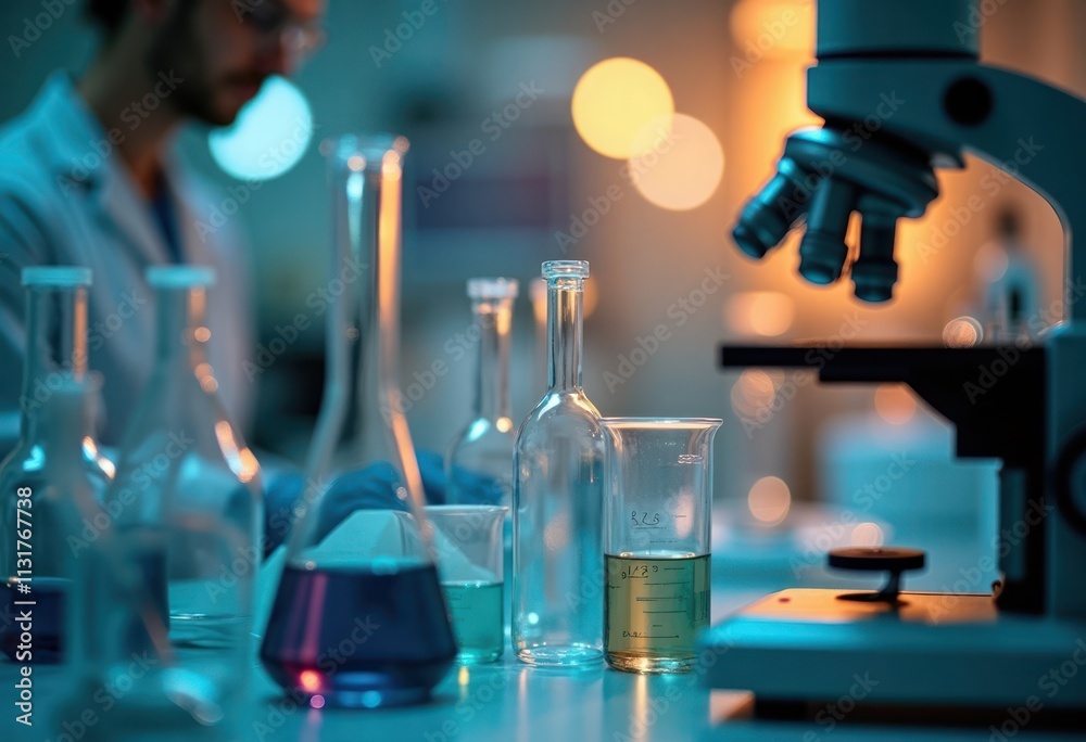Poster blurred science lab interior shows scientist working with beakers flasks, microscopes. various liqui