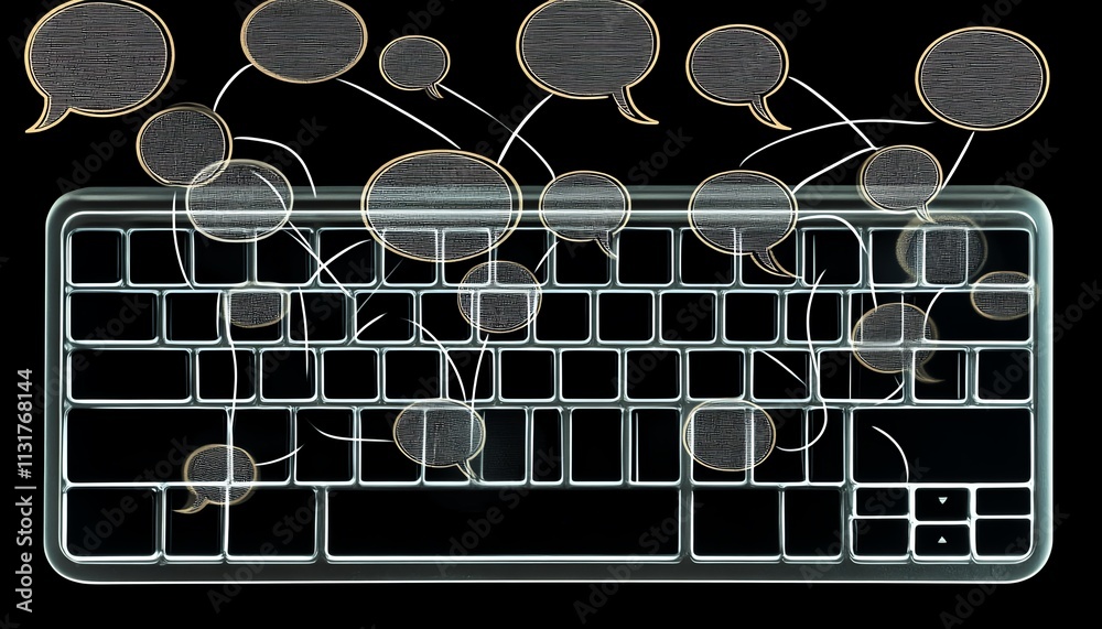 Poster laptop keyboard with floating speech bubbles and interconnected network lines, symbolizing the futur