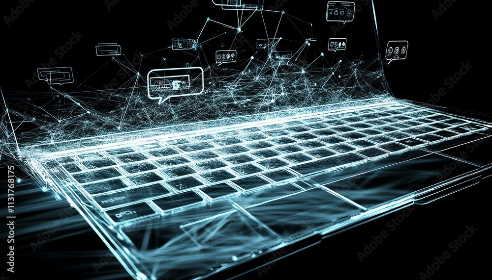 Poster laptop keyboard with floating speech bubbles and interconnected network lines, symbolizing the futur