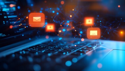 Speech bubbles and glowing network connections above a laptop keyboard, symbolizing online communication and technology advancements