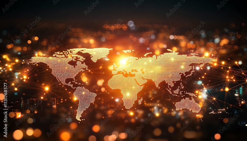 Poster telecommunication concept with glowing digital dots and lines forming a world map on a pixelated dar