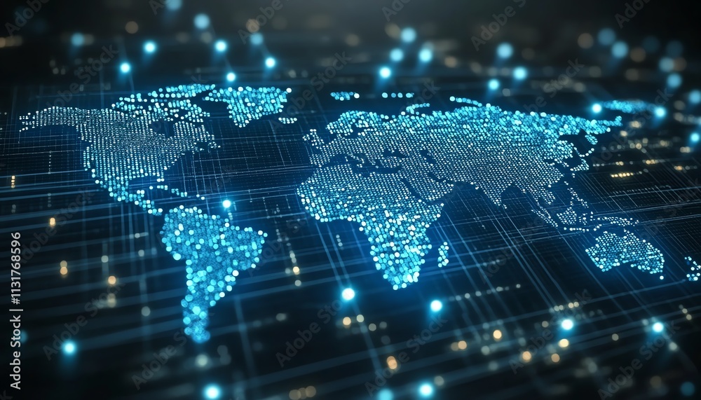 Poster telecommunication concept with glowing digital dots and lines forming a world map on a pixelated dar