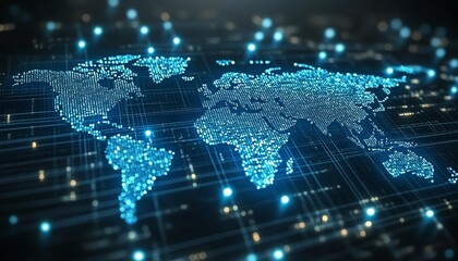 Telecommunication concept with glowing digital dots and lines forming a world map on a pixelated dark background, 3D rendering