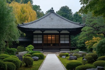 Obraz premium Traditional Japanese Buddhist temple structure sits in tranquil garden. Stone, moss garden surrounds building. Calm serene atmosphere. Ancient architecture. Japanese aesthetics. Exterior view of