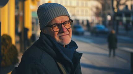 Fototapeta premium Man wearing a blue hat and glasses is sitting on a bench