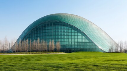 Obraz premium Modern glass dome building on a grassy lawn under a clear sky.