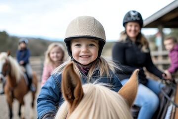 Fototapeta premium A smiling young girl with shiny hair rides a pony, surrounded by friends, showcasing the joy of childhood and camaraderie in a cheerful atmosphere at a horse stable.