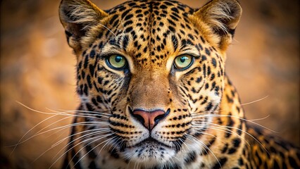 Obraz premium A close-up portrait of a leopard's face, with its piercing green eyes and intricate black spots, capturing the wild beauty and predatory instincts of this magnificent creature.