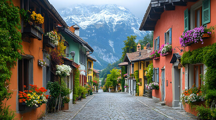 A narrow street with houses on either side and a view of mountains in the background. The street is lined with potted plants and flowers, giving it a colorful and lively atmosphere