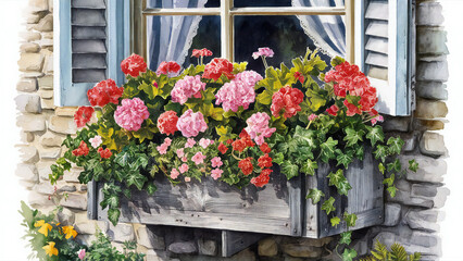 A delightful watercolor scene of a rustic window box overflowing with vibrant flowers