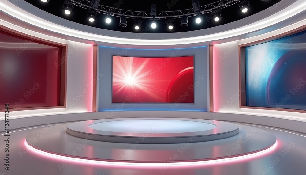 Poster modern virtual studio backdrop for tv news online shows. empty circular stage with light-colored wal