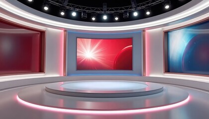 Modern virtual studio backdrop for tv news online shows. Empty circular stage with light-colored walls, multiple screens. Screens abstract images. Suitable for vr tracking systems. Great for live