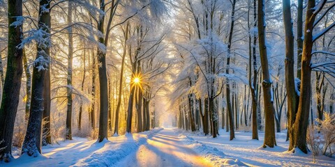 Obraz premium A Serene Winter Path Through a Snowy Forest, Sunlight Filtering Through Icy Branches, Creating a Magical Atmosphere